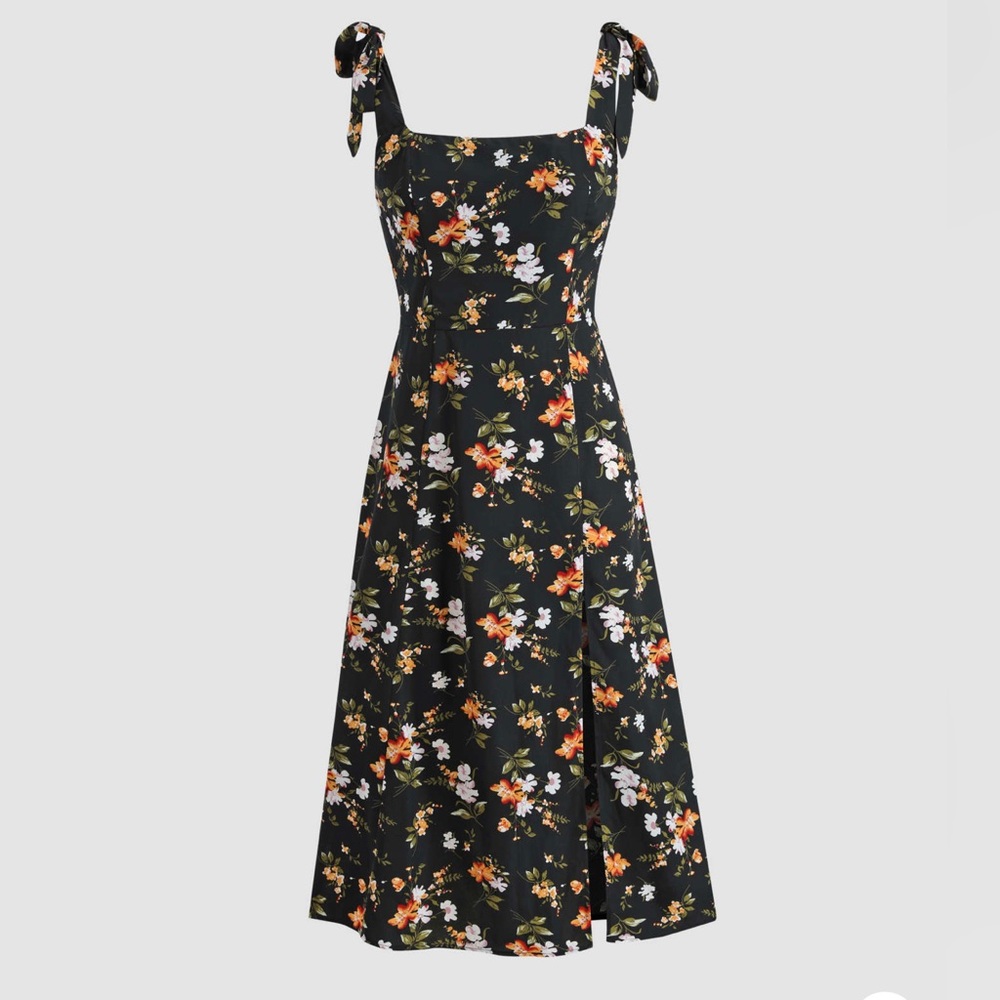 Floral bow knot slit midi dress